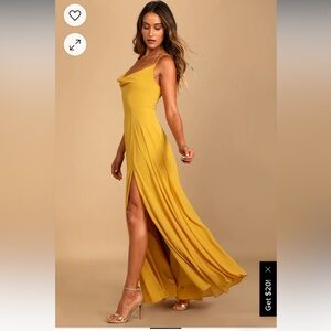 Romantically Speaking Mustard Yellow Cowl Lace-Up Maxi Dress
